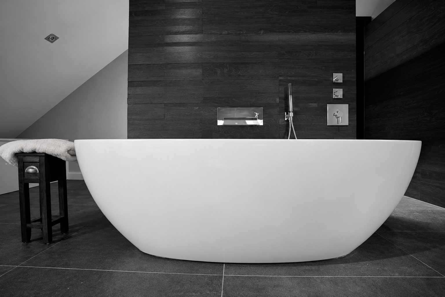 Photo en noir et blanc d'une baignoire îlot ovale blanche posée sur un carrelage sombre devant un mur en bois avec robinetterie murale.