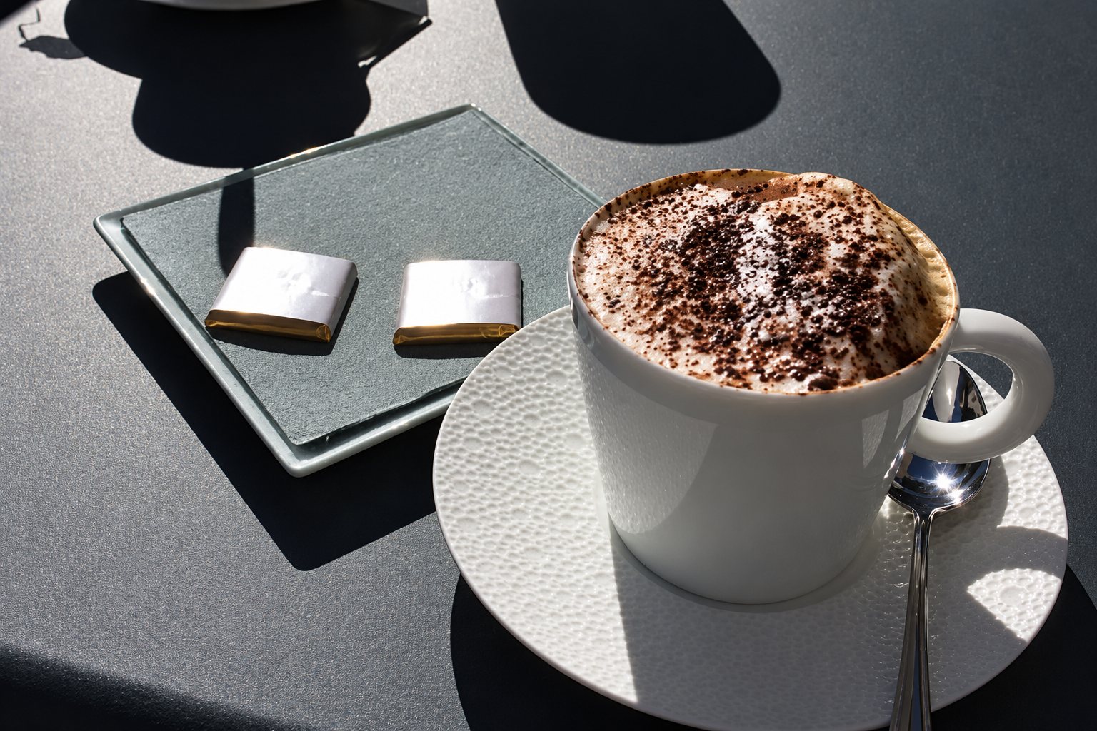Une tasse blanche de cappuccino saupoudré de cacao sur une soucoupe texturée, à côté d'un plateau gris avec deux petits chocolats emballés.
