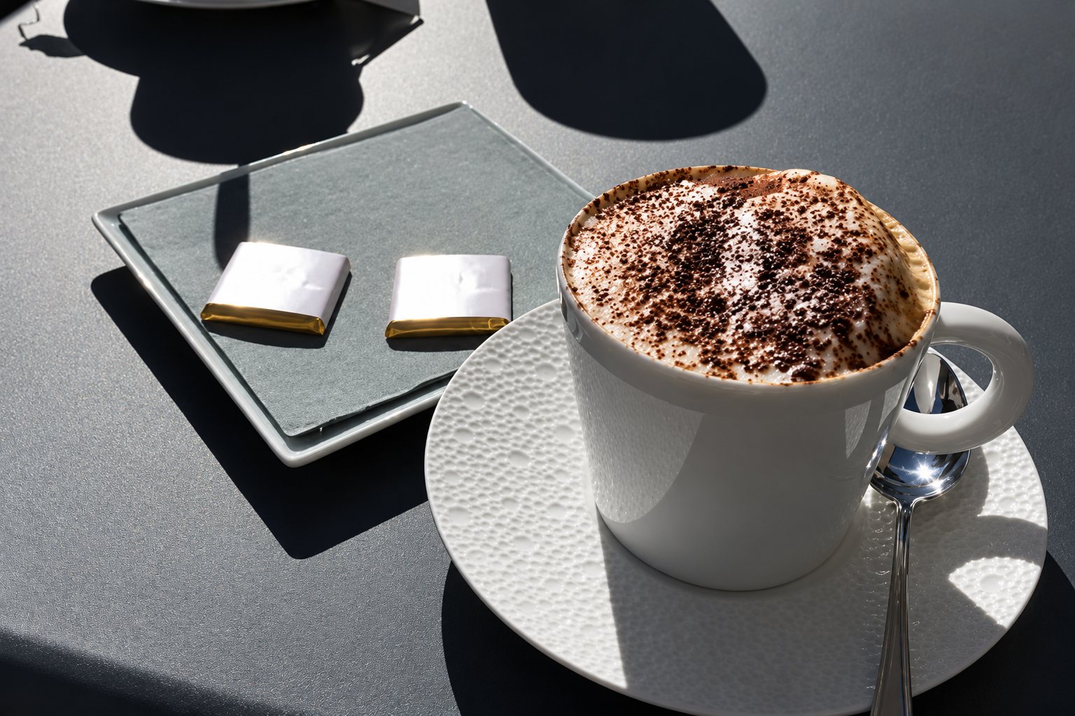 A white cup of cappuccino dusted with cocoa on a textured saucer, beside a square plate with two wrapped chocolates, on a sunlit grey table.
