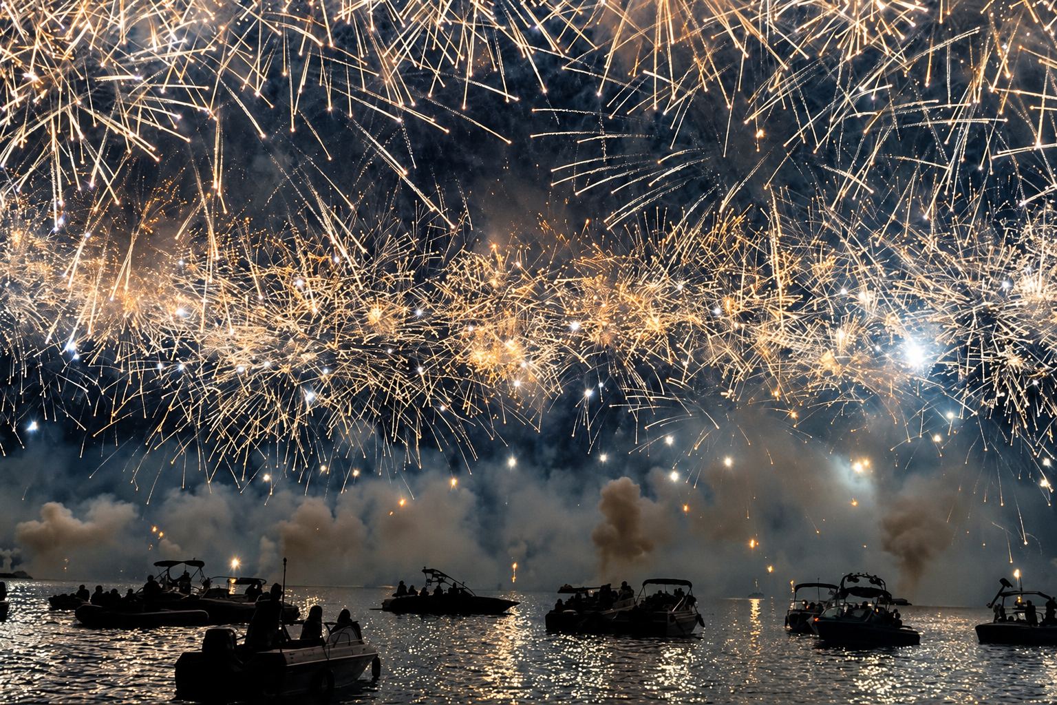 Un immense feu d'artifice illumine le ciel nocturne au-dessus de plusieurs bateaux à moteur qui flottent sur l'eau, entourés de fumée.
