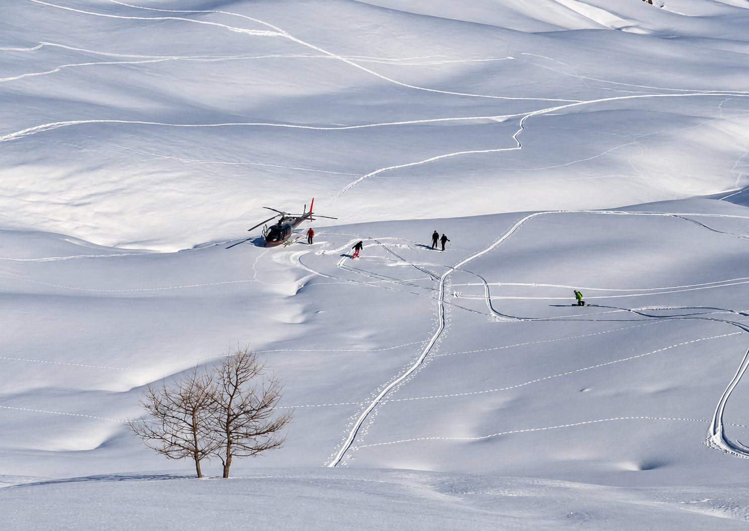 Un hélicoptère posé sur une grande étendue de neige vierge sillonnée de traces de ski, avec quelques personnes autour et deux arbres nus au premier plan.