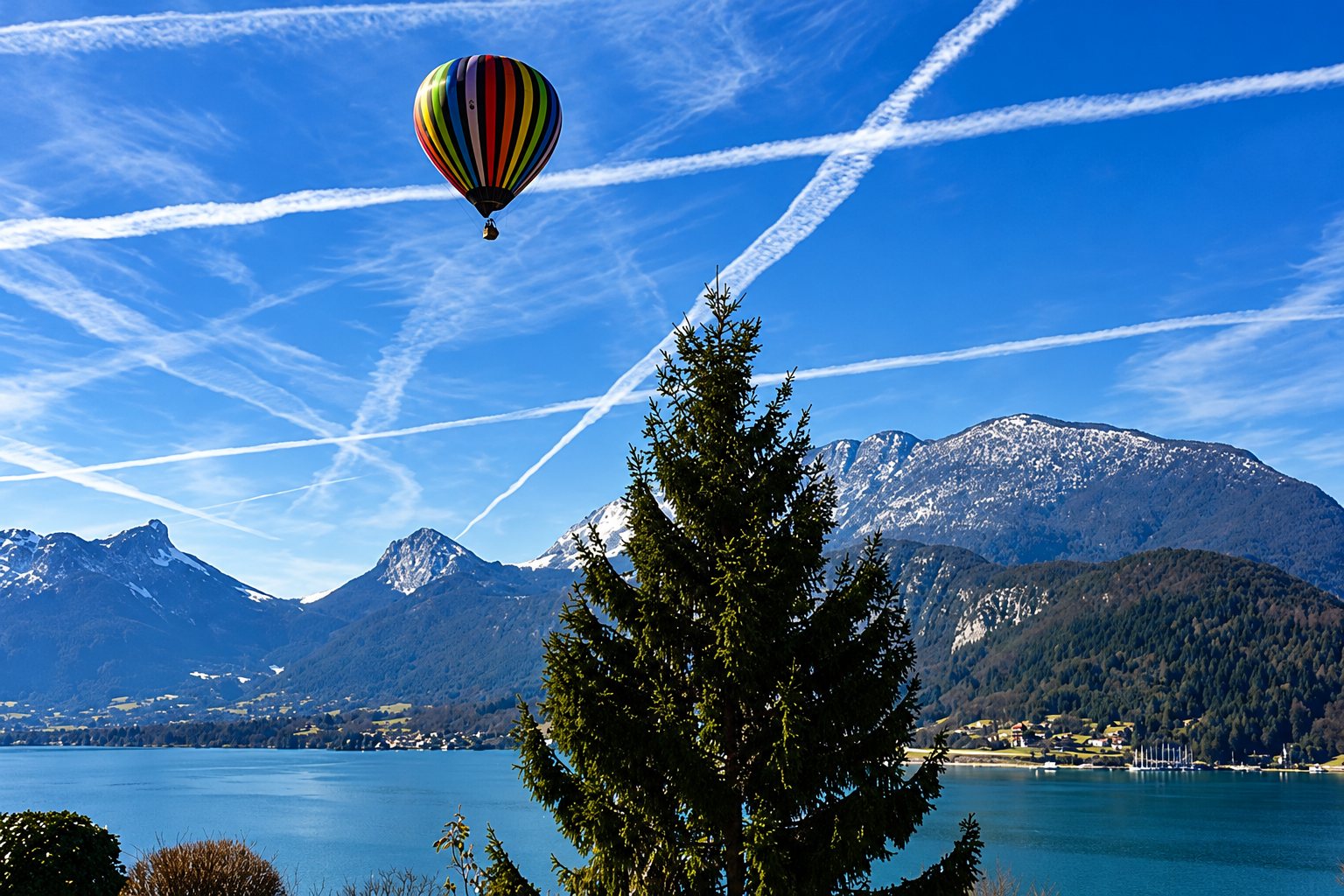 Une montgolfière aux rayures colorées flotte dans un ciel bleu strié de traînées blanches au-dessus d'un lac et de montagnes, avec un sapin au premier plan.