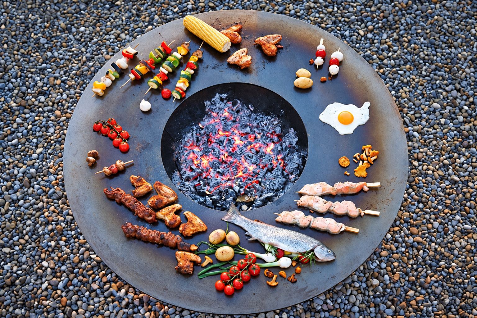 Top view of a large circular steel plancha on pebbles, with embers in the centre and skewers, fish, meat, a fried egg and vegetables around it.