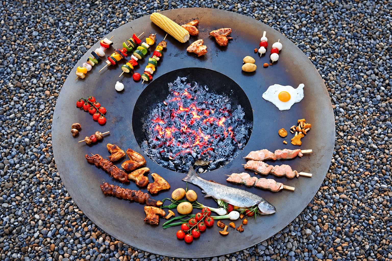Vue du dessus d'une grande plancha circulaire en acier posée sur des galets, avec des braises au centre et des brochettes, un poisson, un œuf au plat, du maïs et des légumes disposés autour.