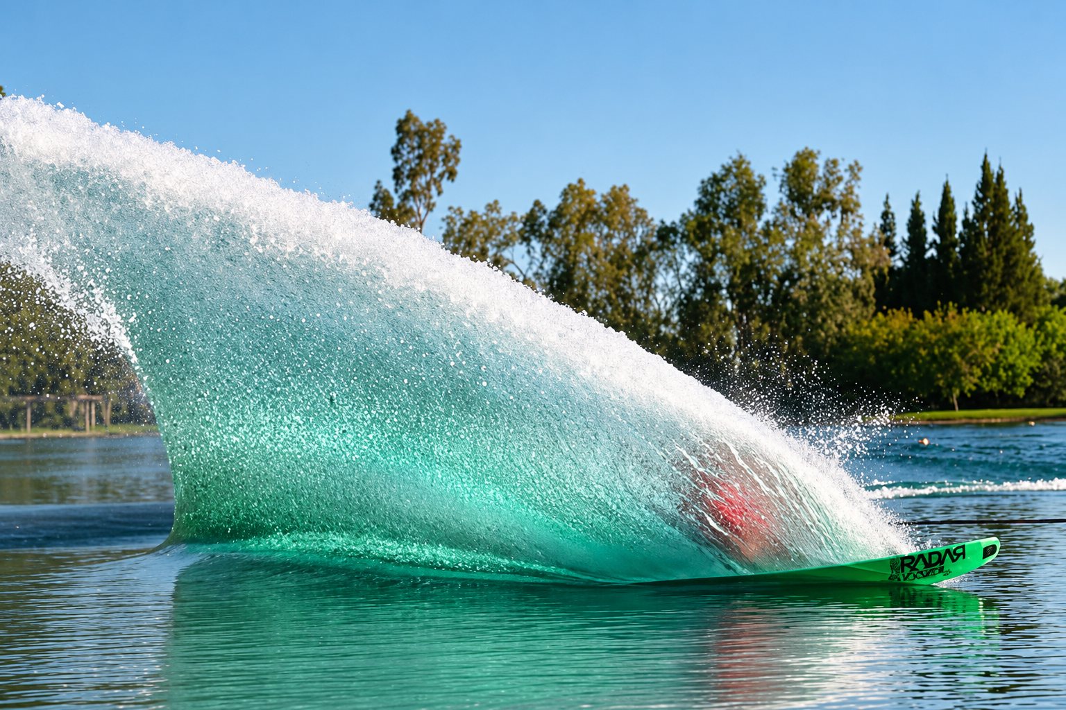 Un skieur nautique sur un ski vert réalise un virage serré et soulève un énorme mur d'eau sur un lac bordé d'arbres.