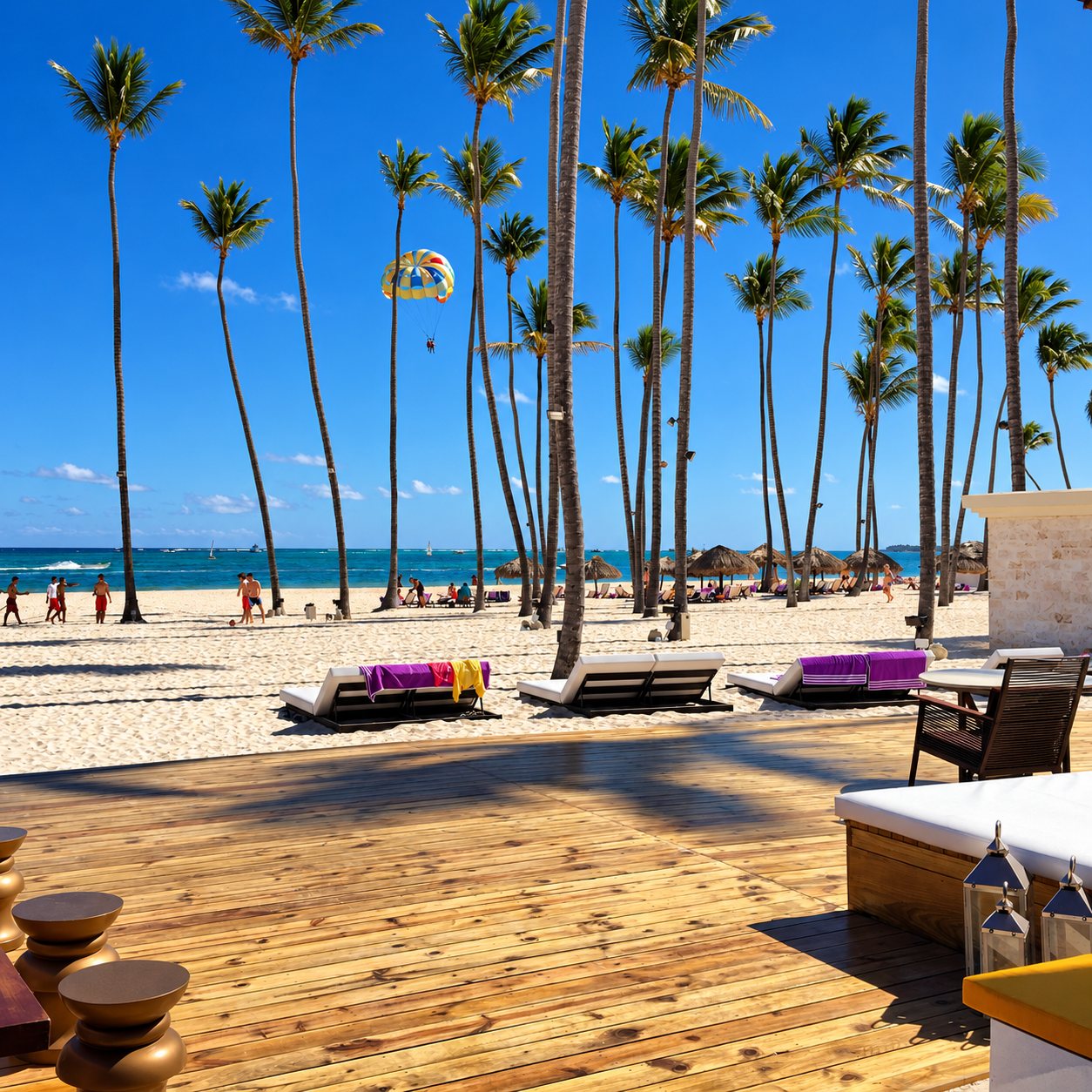 Une terrasse en bois avec des lits de plage donne sur une plage tropicale bordée de palmiers, où un parachute ascensionnel flotte dans le ciel bleu.